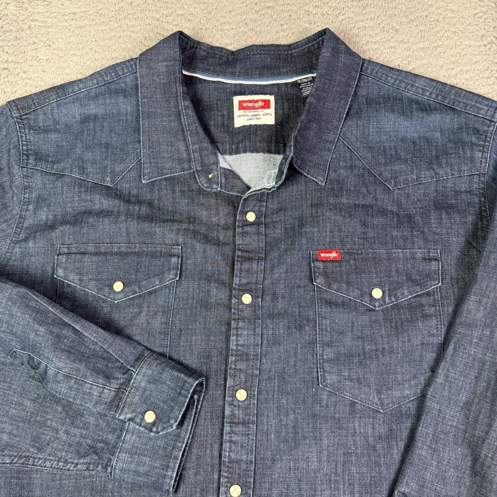 Wrangler Shirt Mens 3XL Blue Indigo Denim Pearl Snap Western Cowboy Wash NEW